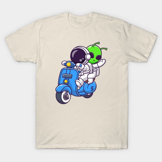 Cute Astronaut And Alien Riding Scooter Cartoon T-Shirt by Catalyst Labs